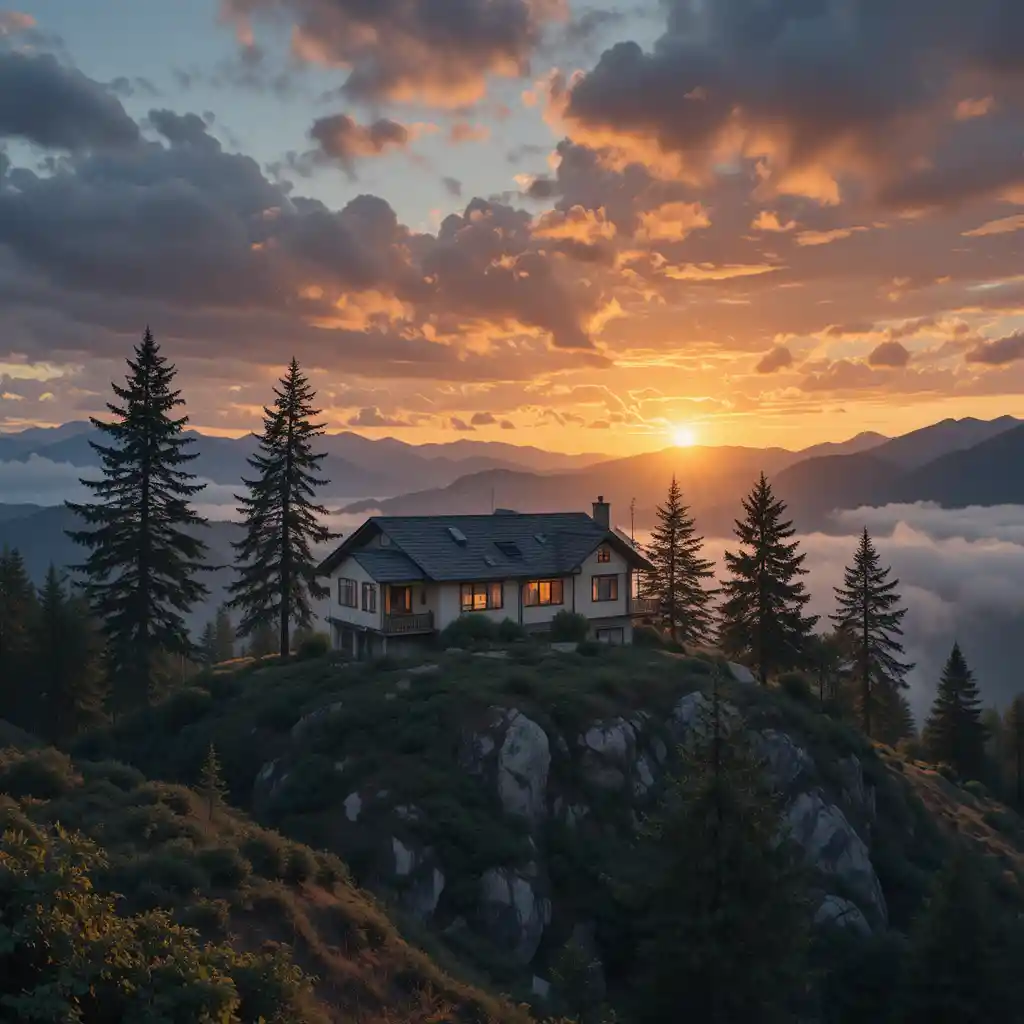 Casa de montaña al amanecer con nubes y árboles