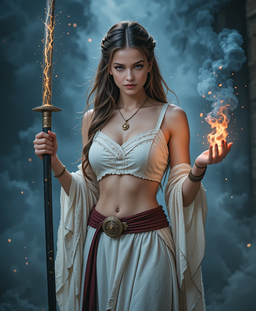 Ancient warrior priestess with fire and smoke around her