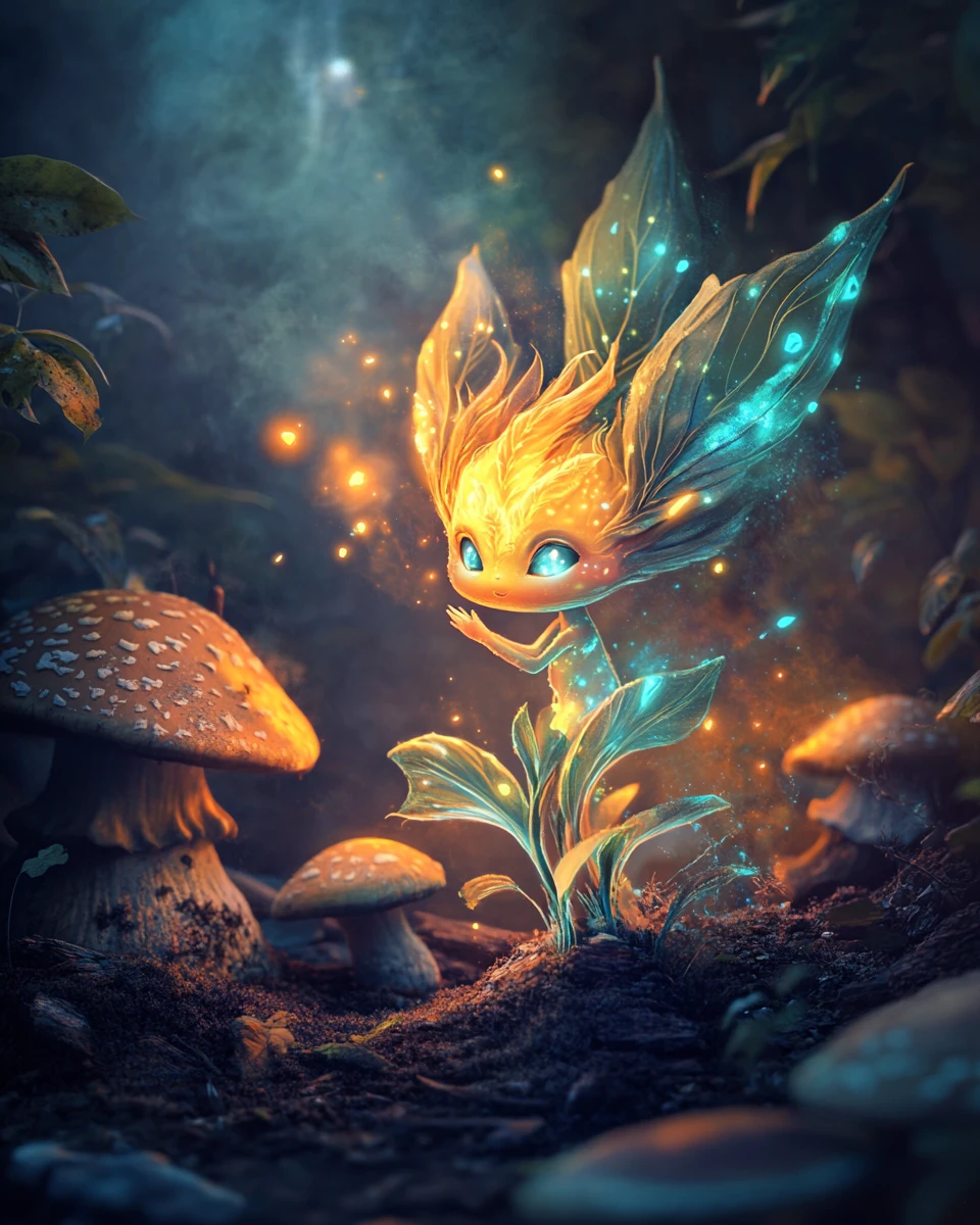 Glowing Forest Sprite Floating Among Enchanted Mushrooms