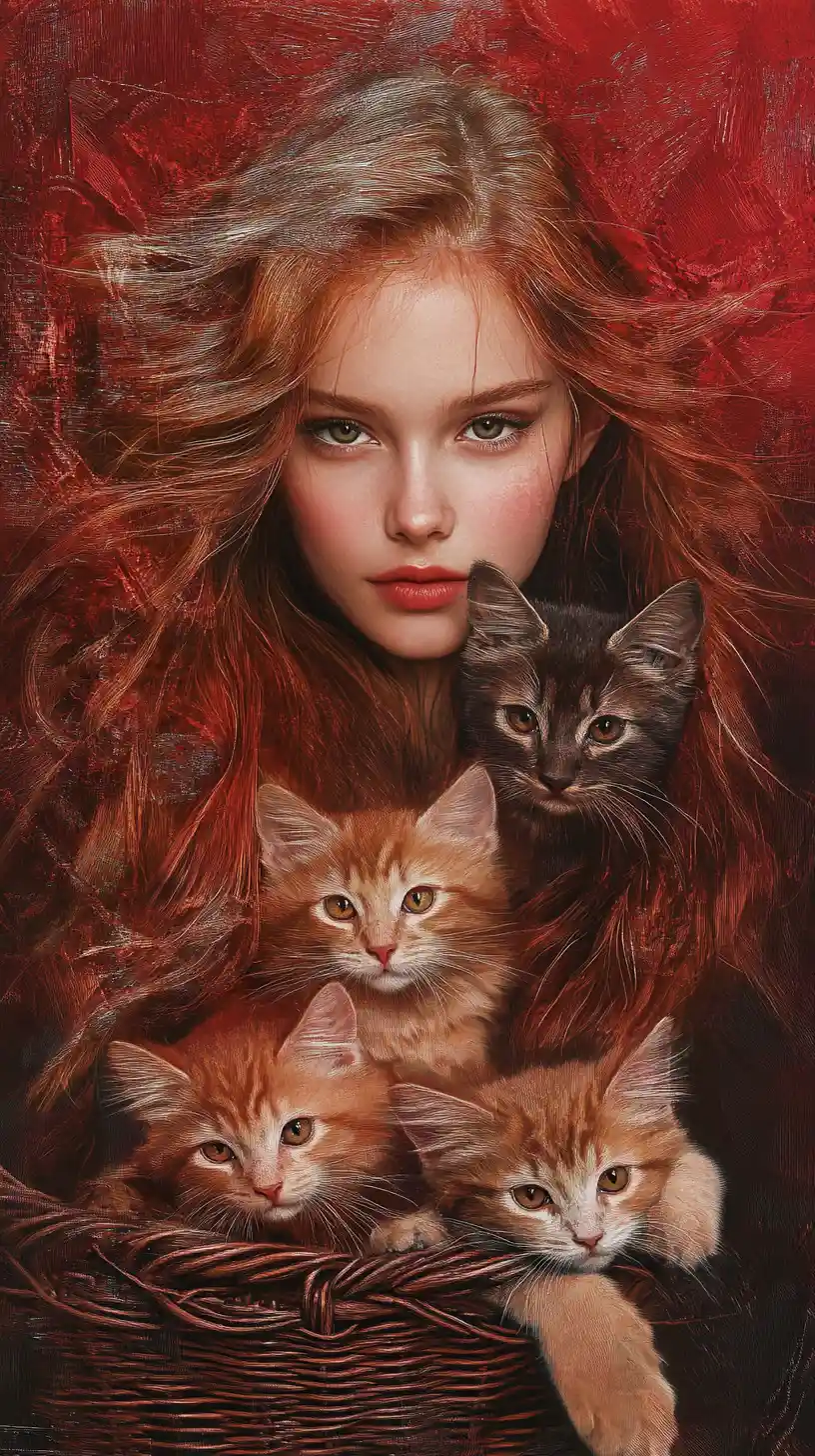 Smiling red haired girl with playful red kittens portrait