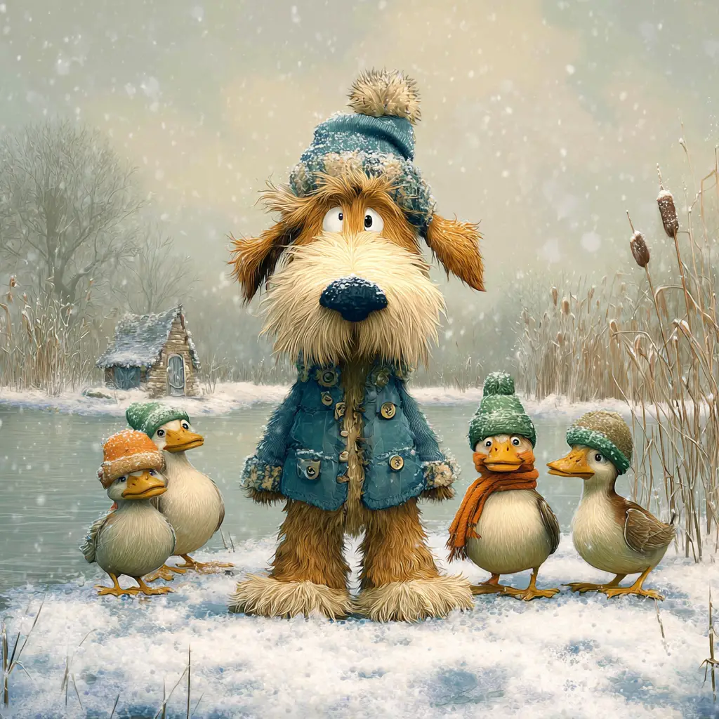 Cartoon dog with duck family in snowy winter landscape