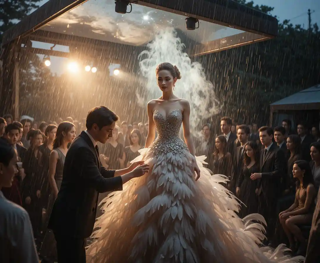 Designer adjusts gown backstage at stormy outdoor runway