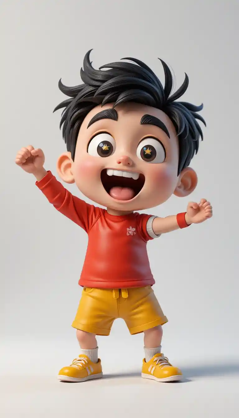 Alegre niño 3D estilo caricatura posando con el brazo levantado en señal de triunfo