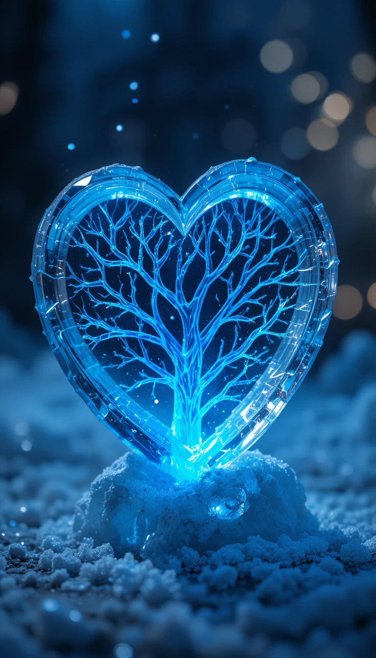 Scultura di ghiaccio a forma di cuore che brilla in una luce blu eterea