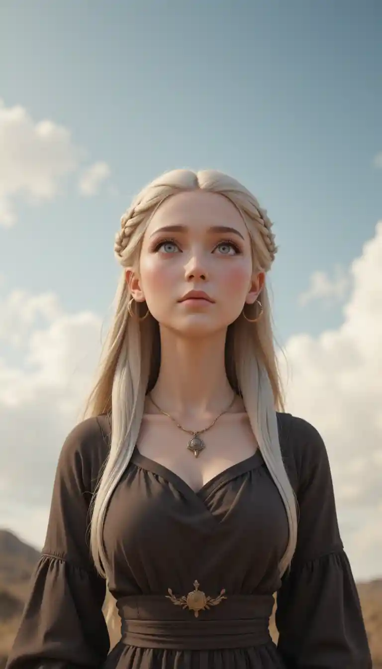 Serene fantasy woman gazing upward beneath a pale open sky