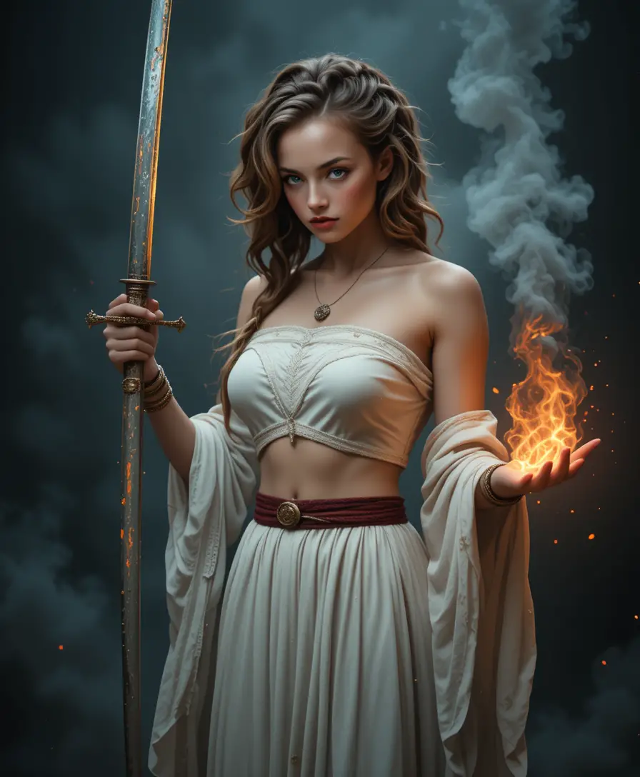 Ancient warrior priestess wielding fire in smoky darkness