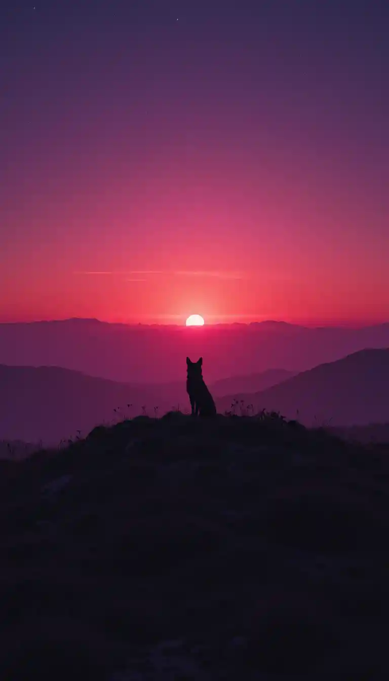 Silhouette fox against a fading purple twilight horizon