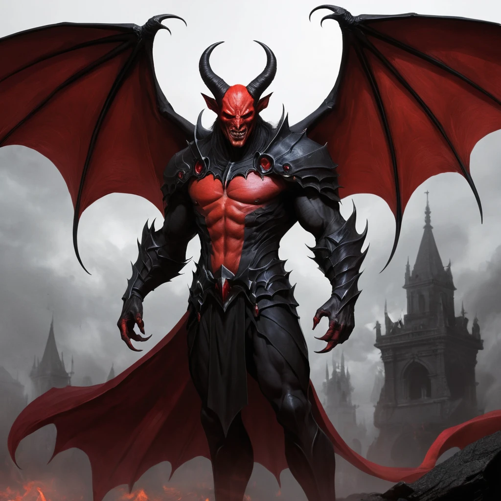Towering crimson demon with wings horns and dark cape