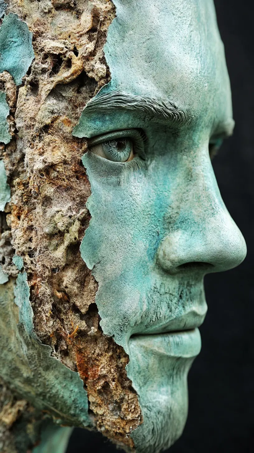 Surreal male face sculpture fused with lush natural growth