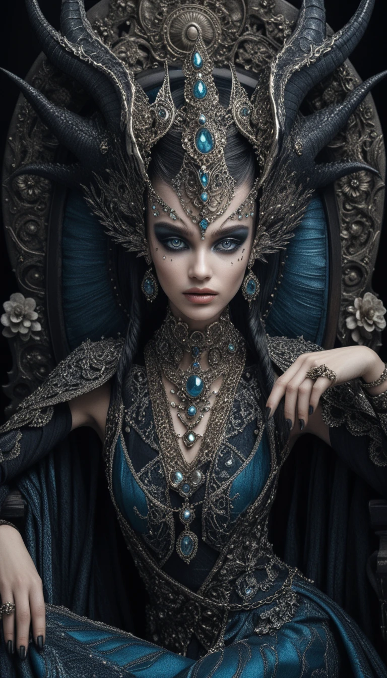 Demonic queen on baroque throne in dark fantasy portrait