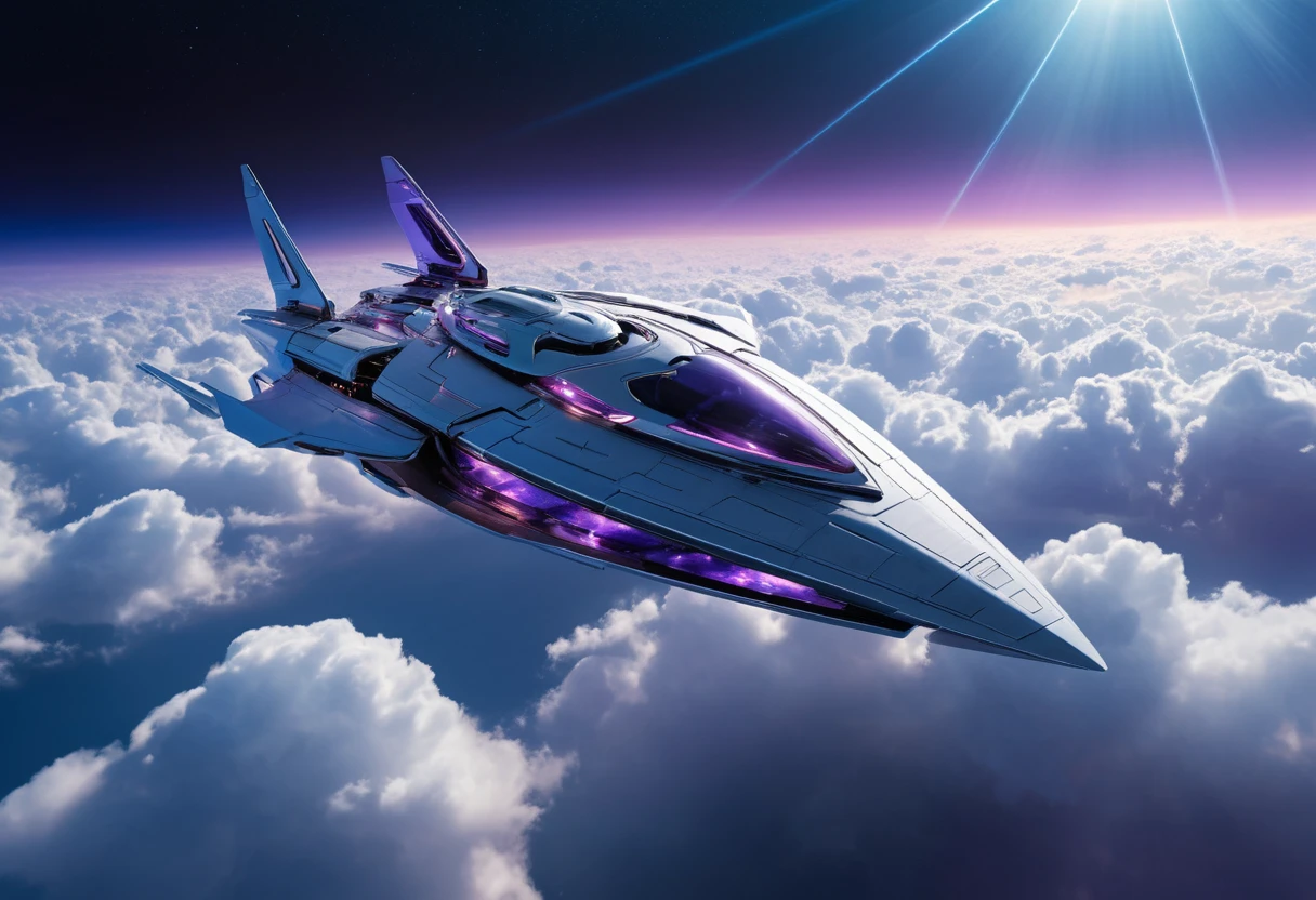 未來感太空船翱翔於發光的星雲雲海