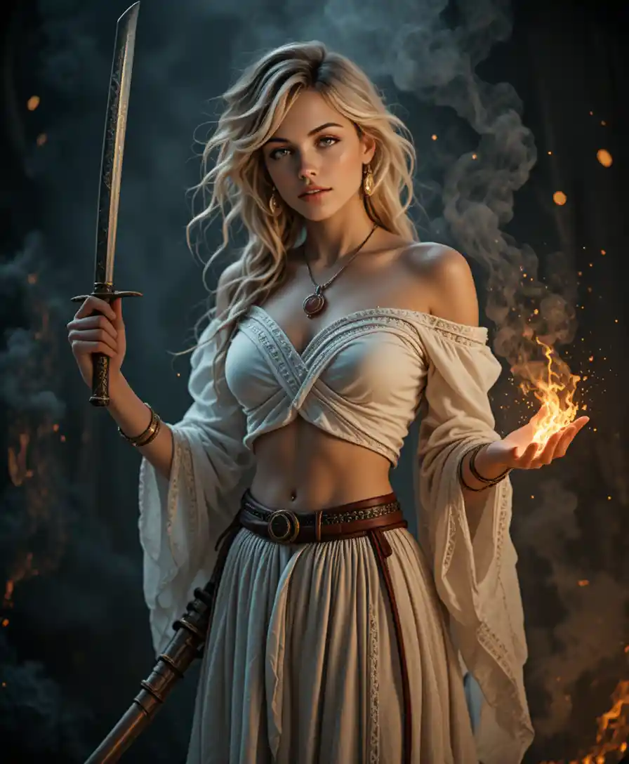 Ancient warrior priestess with fiery magic in smoky shadows