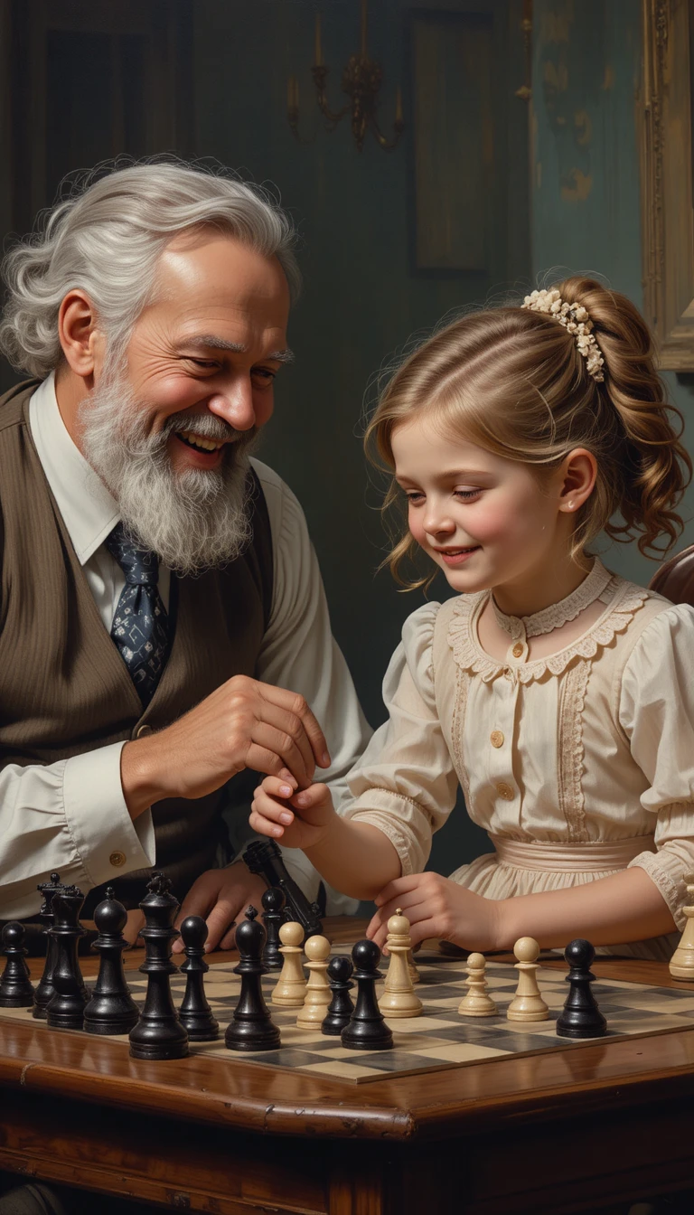 Cheerful grandfather teaching a little girl to play chess
