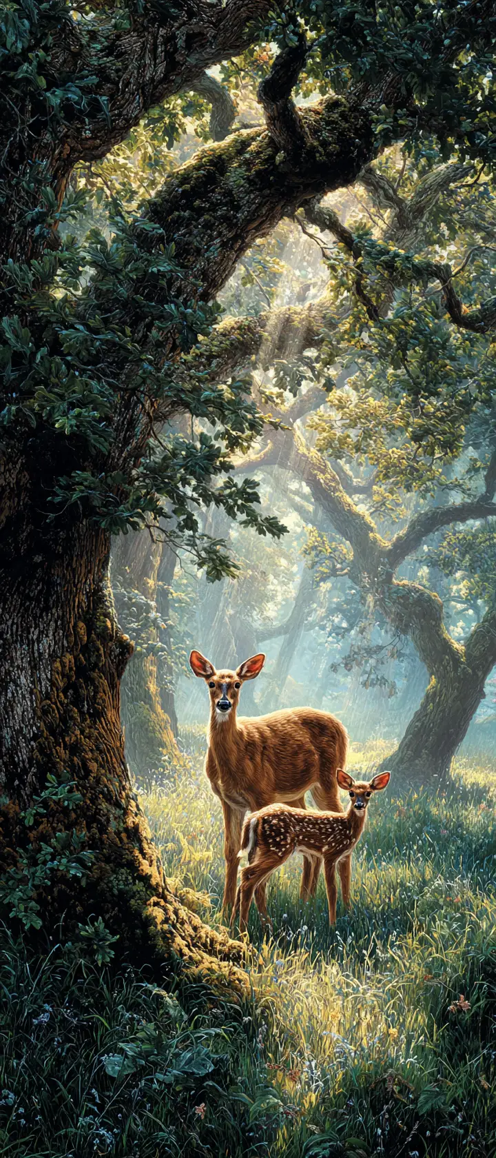 Deer And Fawn Resting In A Sunlit Forest Meadow