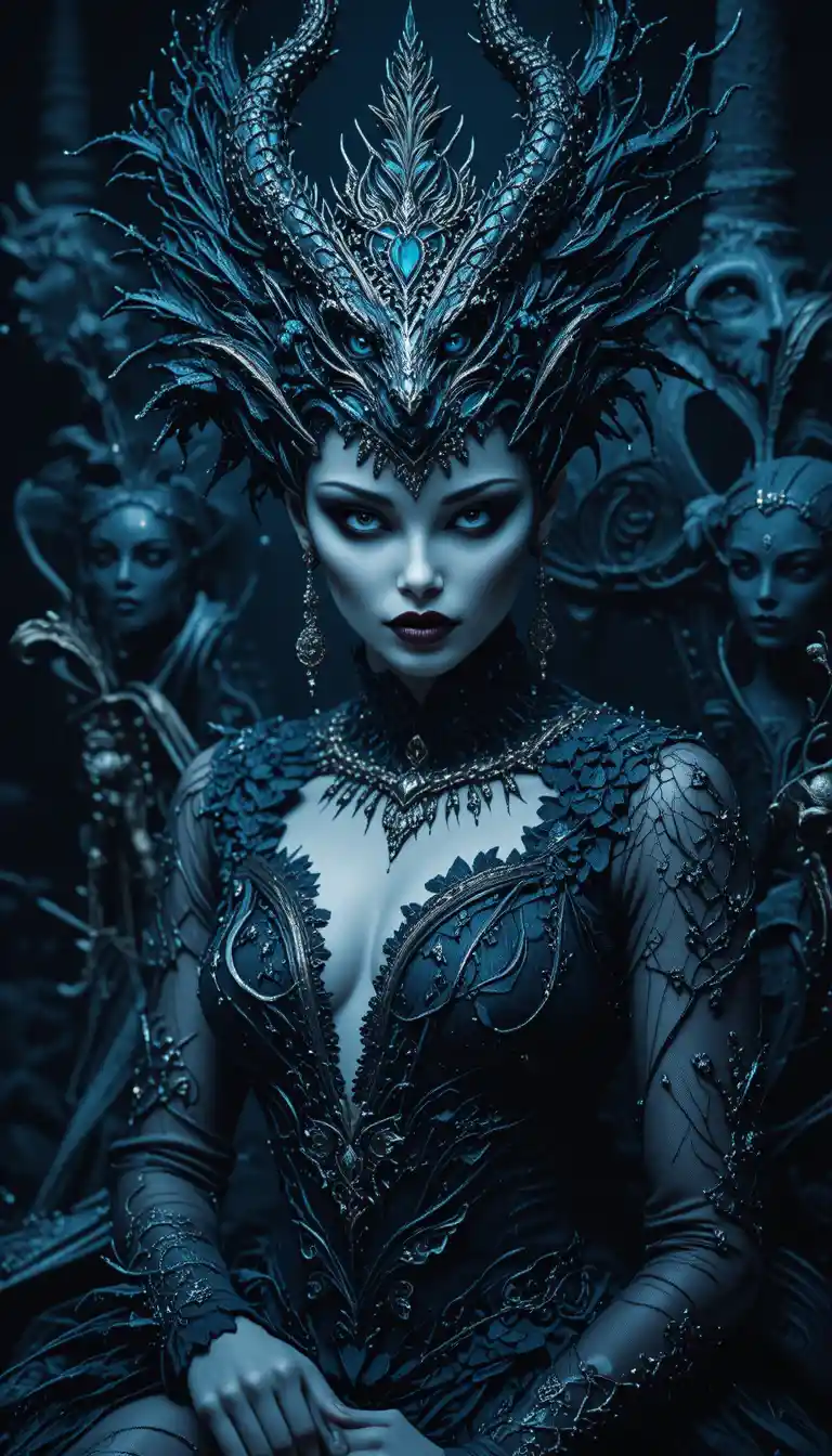Regina demoniaca fantasy seduta su un trono barocco ornato