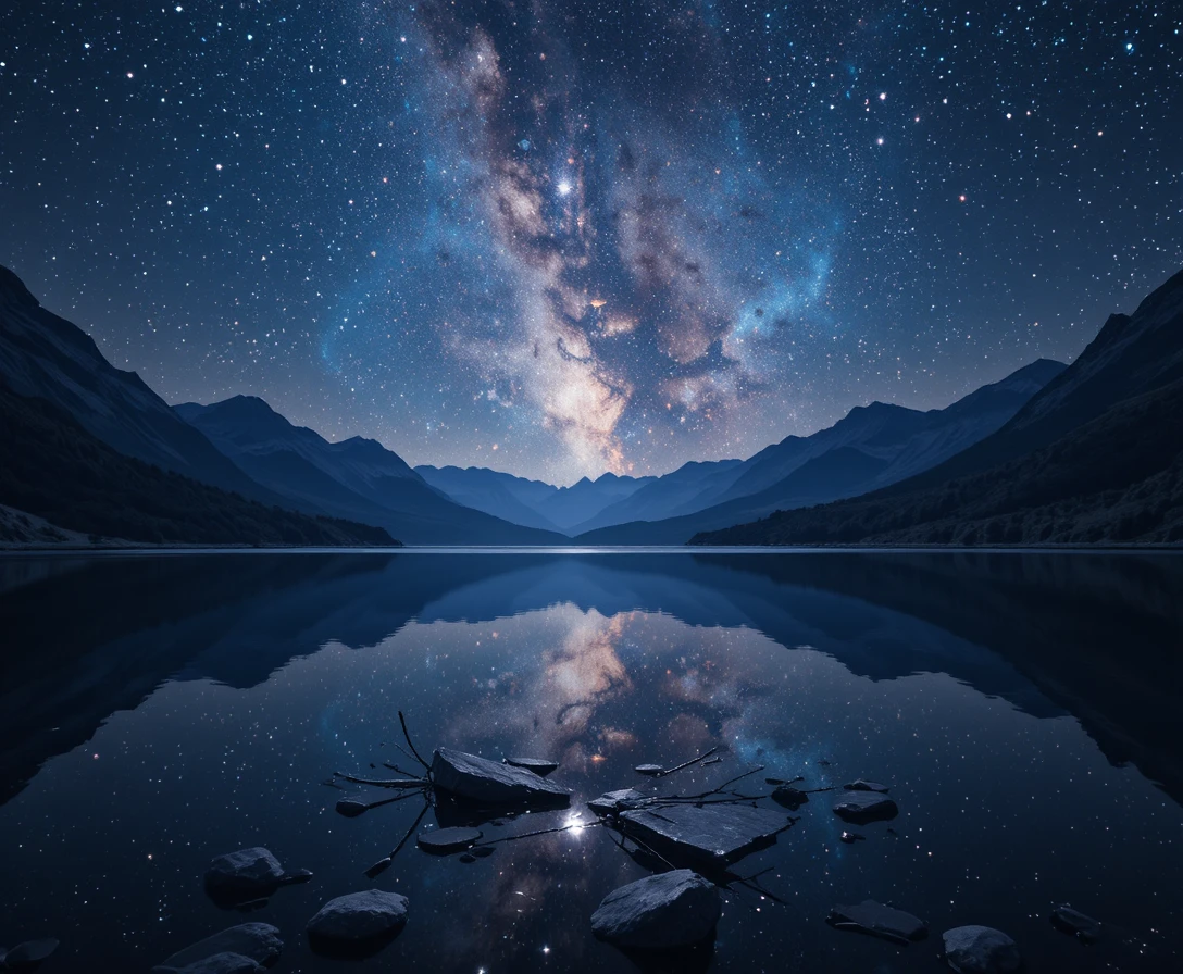Midnight lake reflecting a surreal alternate starry universe