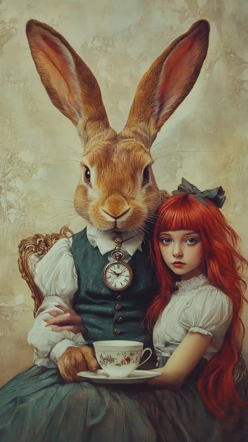 Alice leans on a worried rabbit in soft pastel fantasy