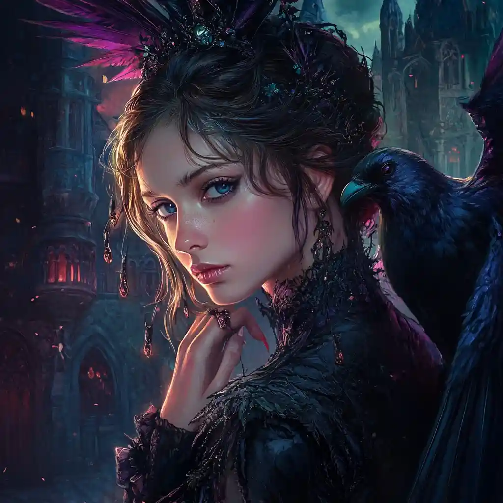 Fantasy diva before a dark castle with mystical creature