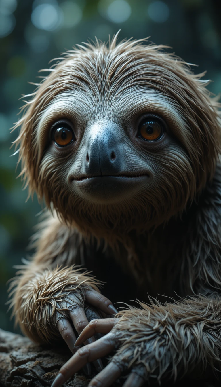 Realistic close up portrait of a sloth with detailed fur