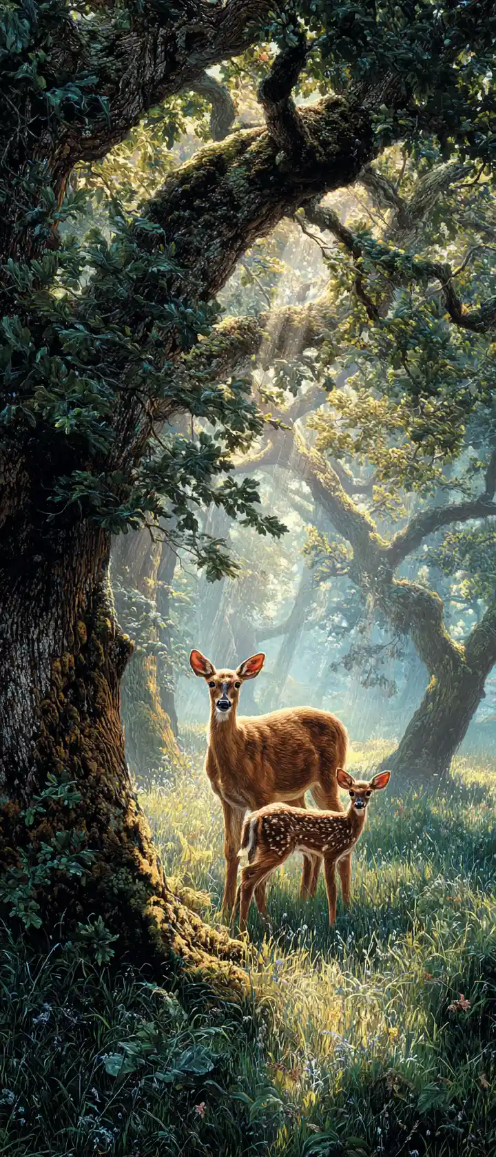 Deer And Fawn Resting In A Sunlit Forest Meadow