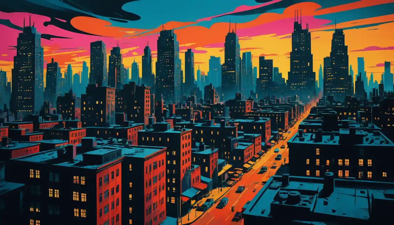 Surreal cityscape of melting skyscrapers at dusk in vivid color