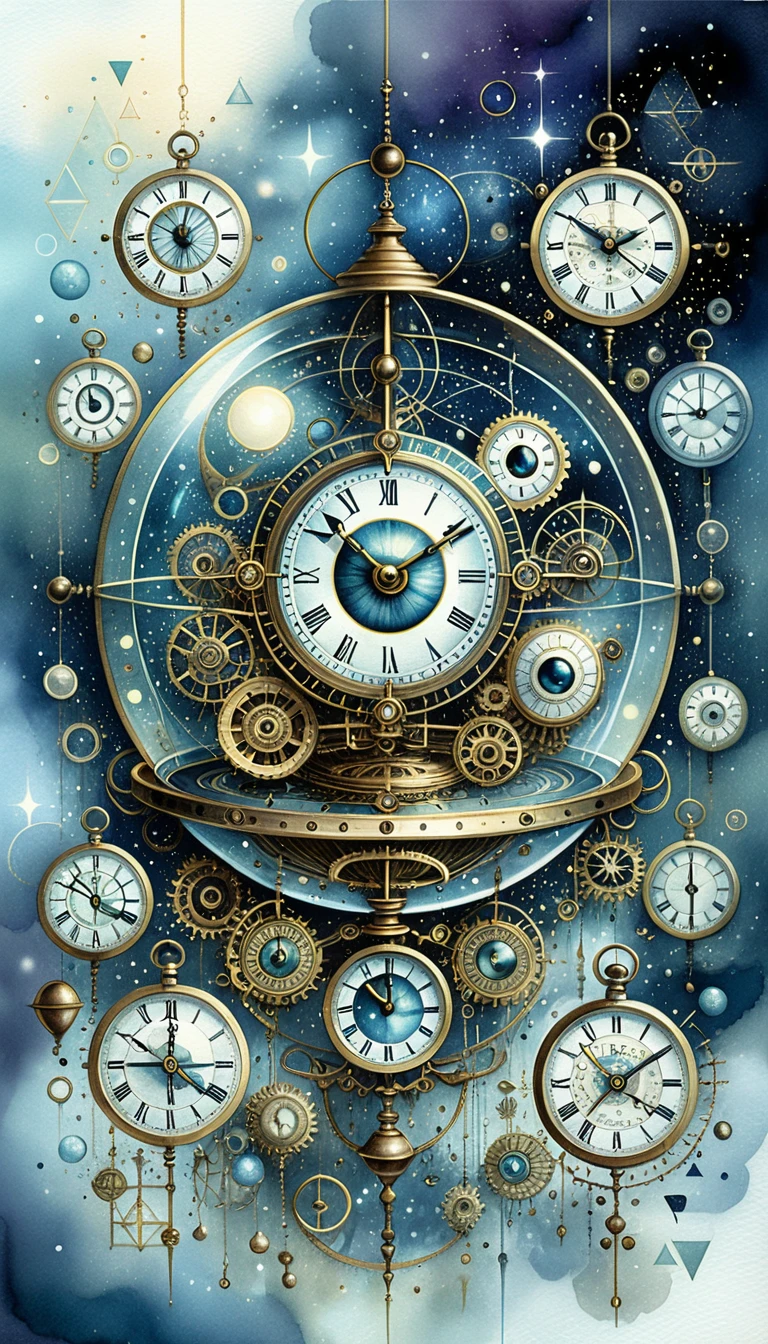 Surrealer Steampunk-Uhrenturm mit beobachtenden Augen im Weltraum