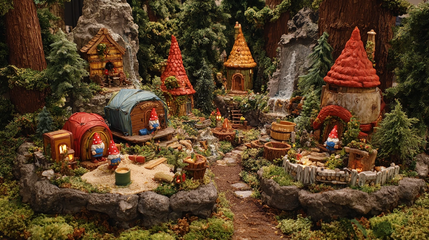 Whimsical gnome village built from camping gear in deep forest