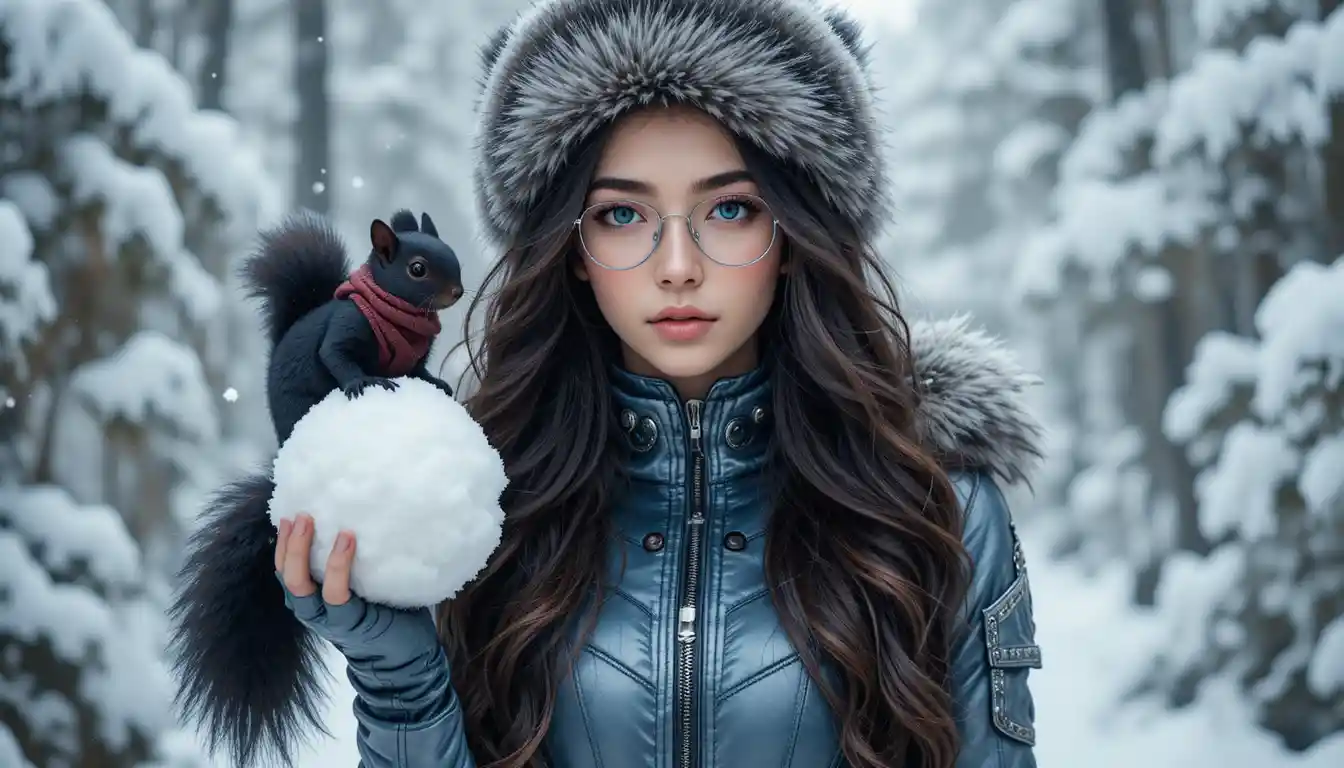 Joven sosteniendo una enorme bola de nieve en un bosque invernal