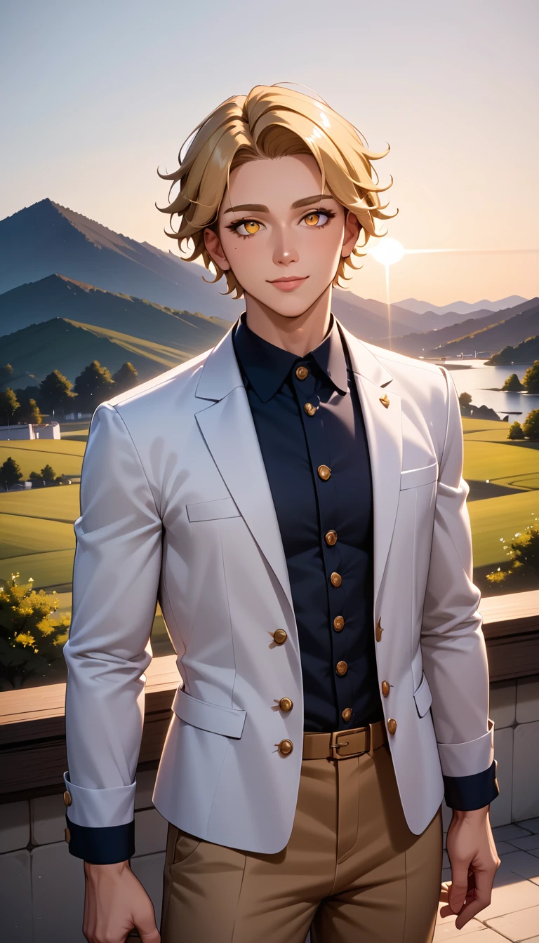 Hombre musculoso de estilo anime en retrato de moda al aire libre al amanecer