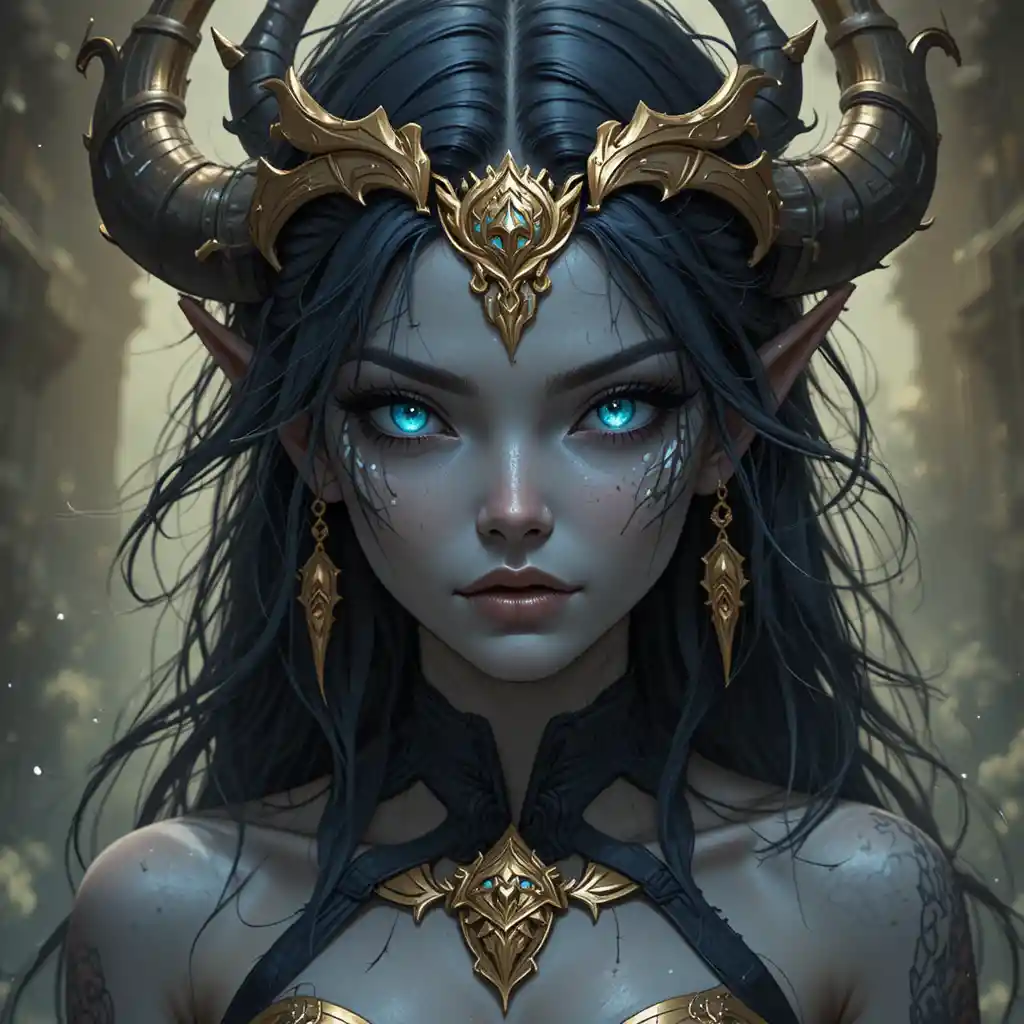 幻想世界の灰色の肌と青い瞳の女神