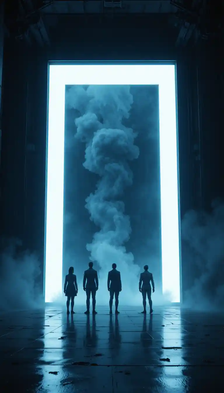 Two figures and robots before a vast glowing doorway