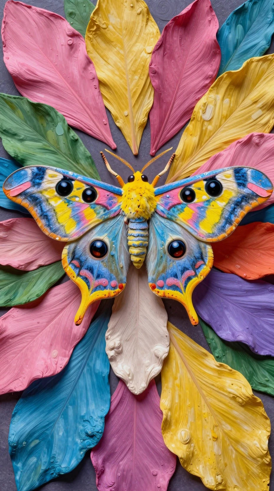 Polilla colorida sobre fondo floral surreal y caleidoscópico