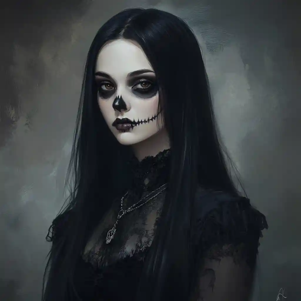 Strega gotica con trucco da teschio e lunghi capelli neri