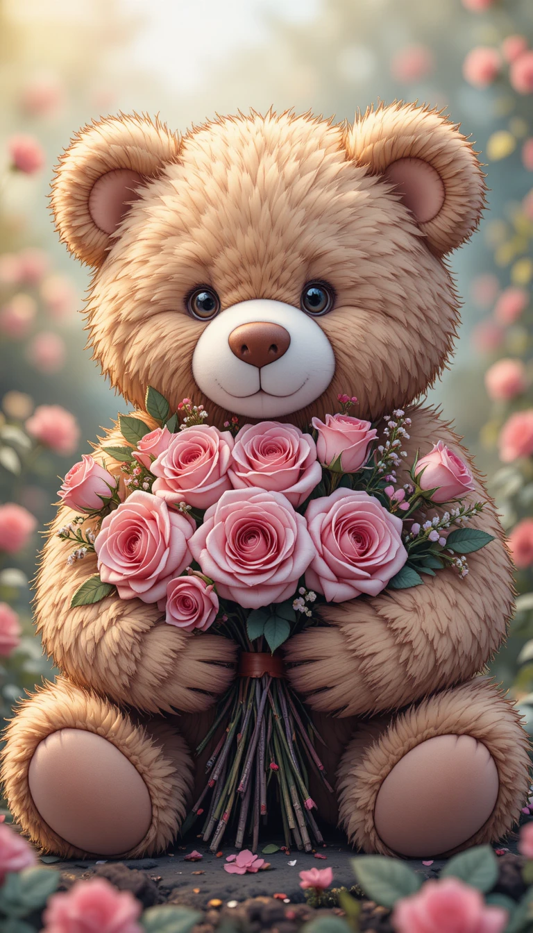 Teddy bear holding roses in a gentle line art illustration