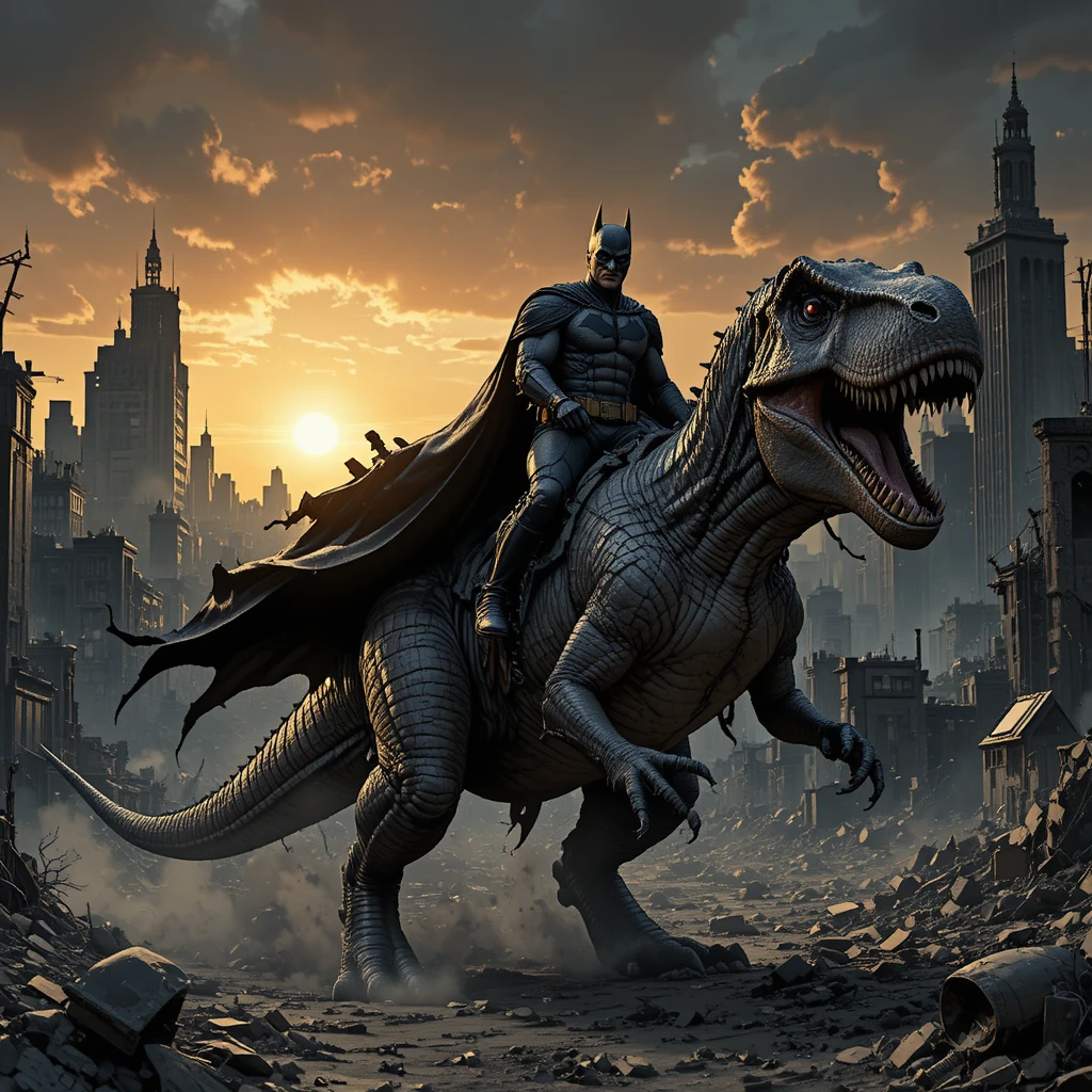 Herói sombrio cavalgando um T-Rex em disparada por entre ruínas