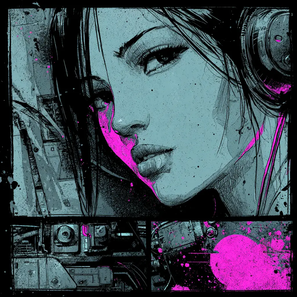 Neon cyberpunk comic illustration with bold graphic inking