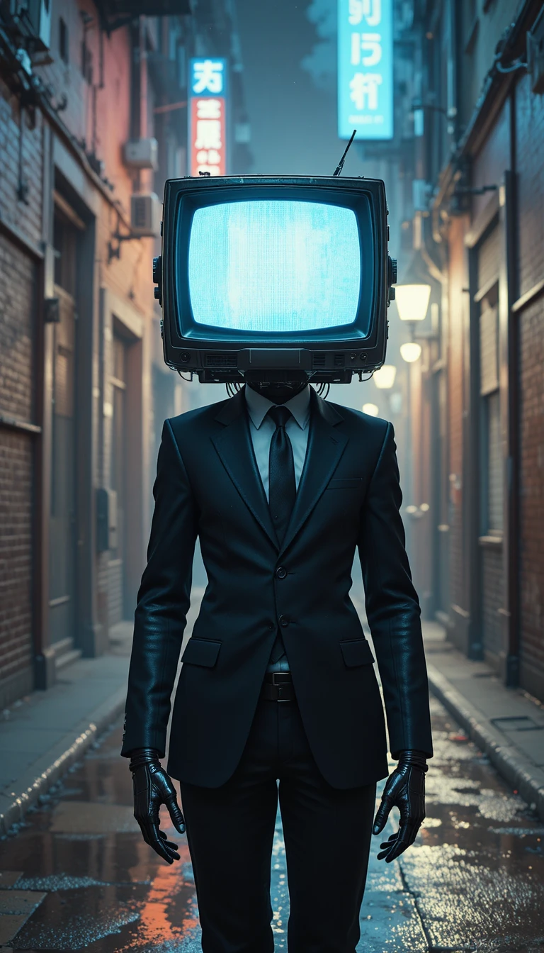 Humanoid robot in a suit with CRT television head at night
