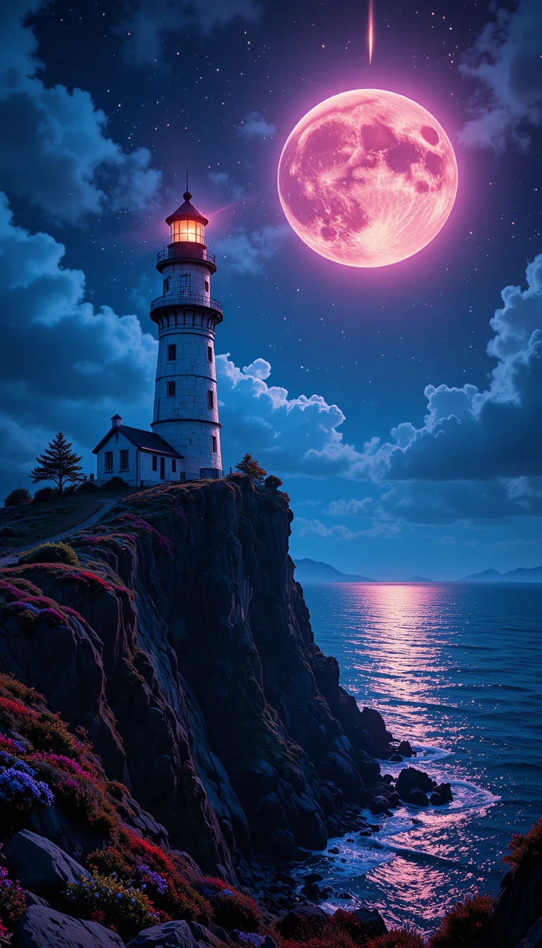 Faro su una scogliera al chiaro di luna sopra un mare calmo