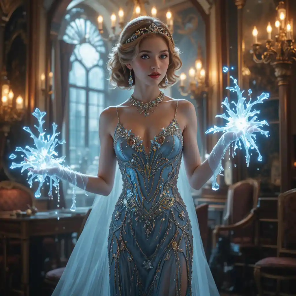 Glamorous ice queen in a lavish 1920s flapper setting