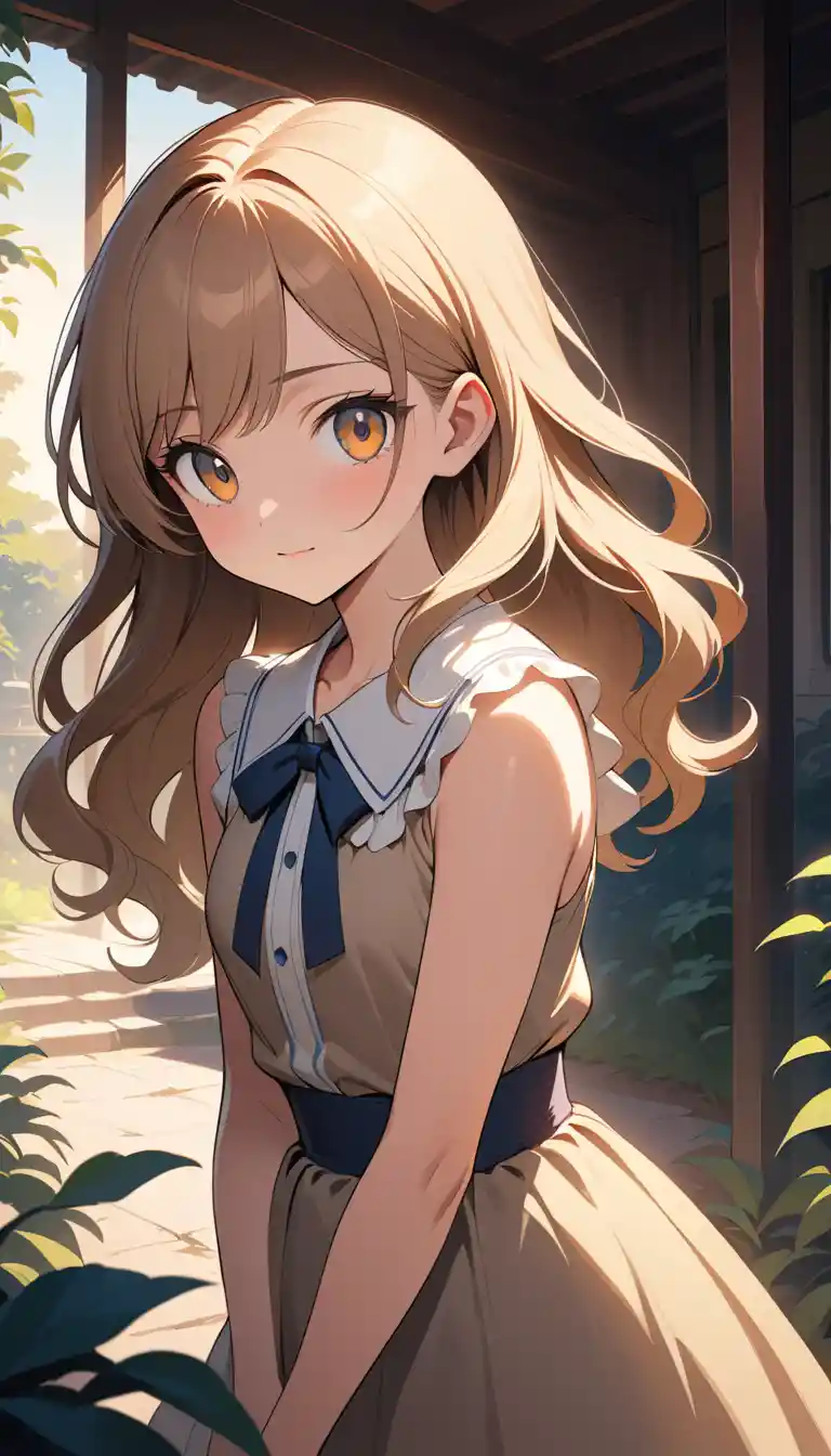 Shy anime girl at dawn in soft golden sunlight