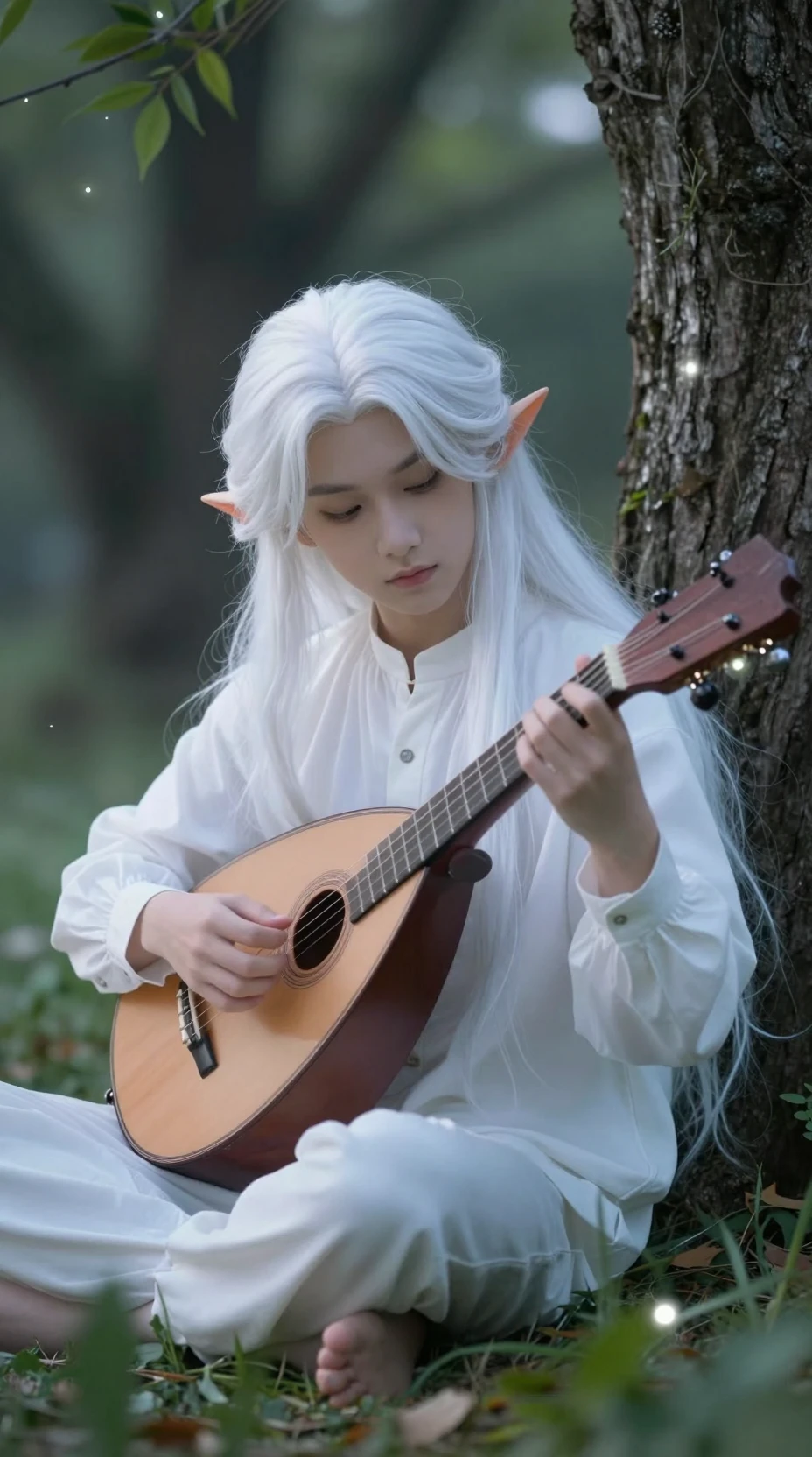 Elf boy playing a lute under soft moonlit forest glow