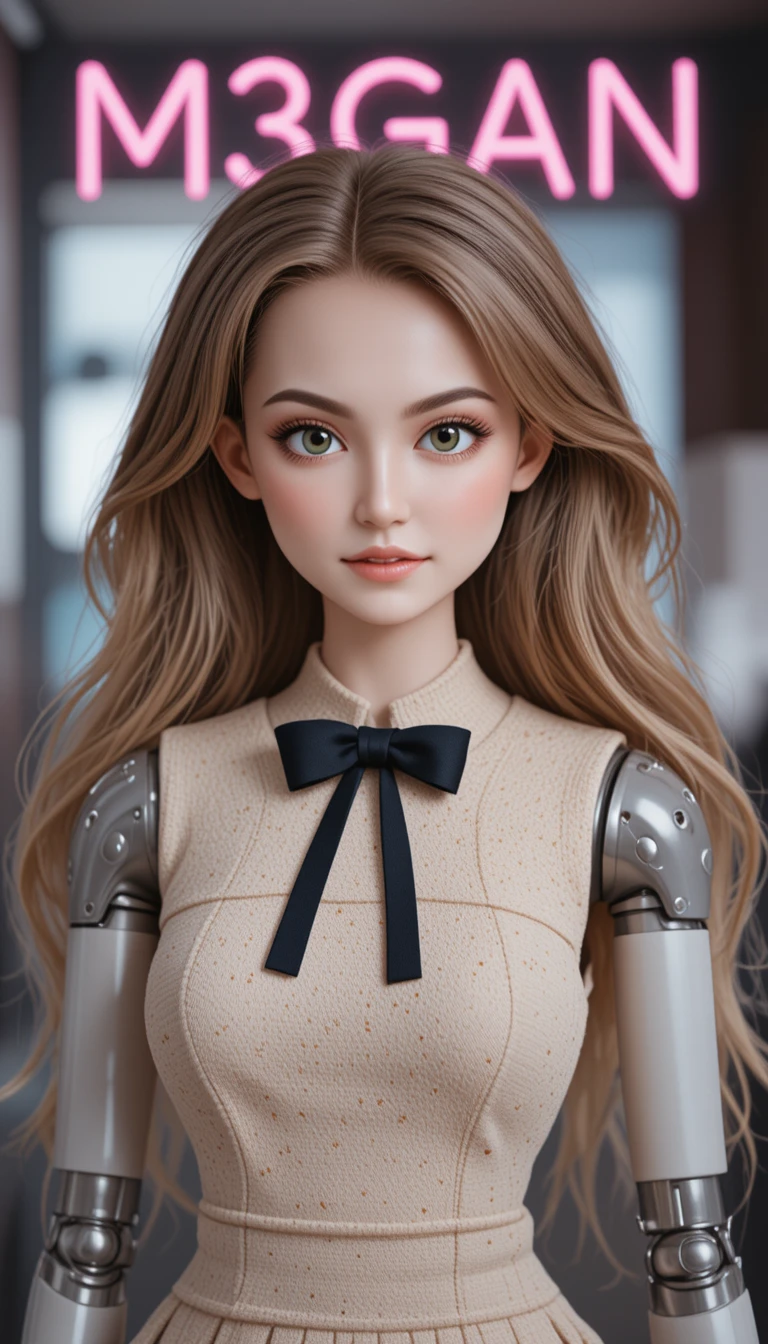 Lebensechte blonde Puppe mit Roboterarmen und Neon-Titel