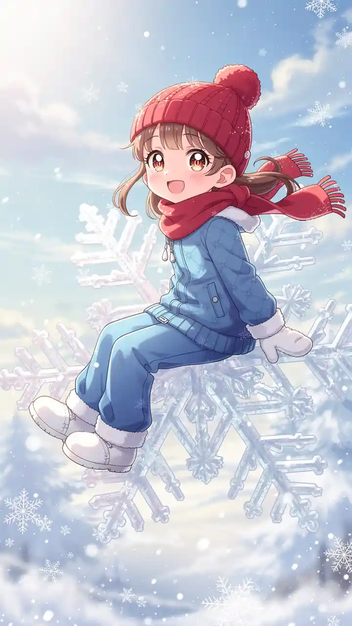 Lächelndes Anime-Mädchen sitzt auf einer riesigen Winterschneeflocke