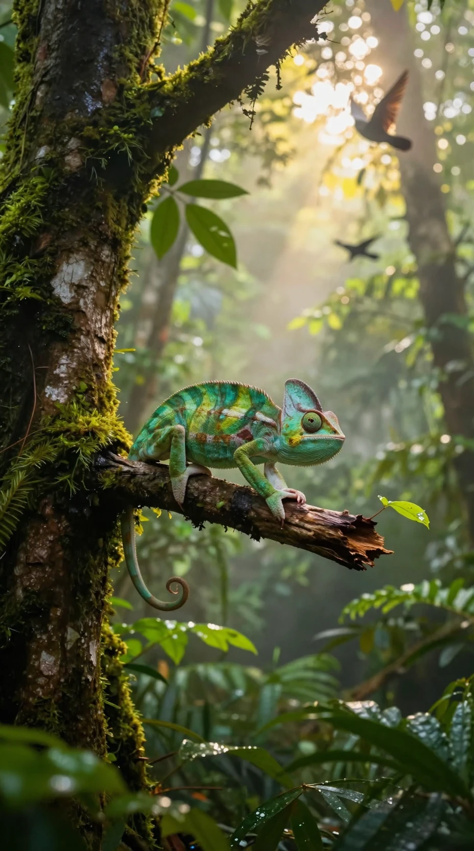 Green chameleon resting on a branch in misty rainforest