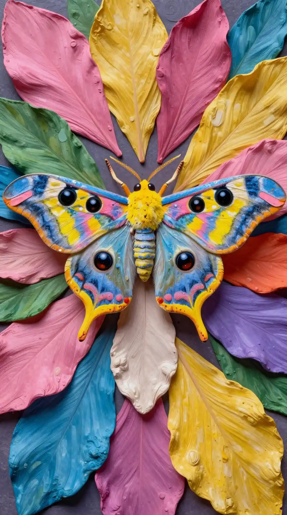 Polilla colorida sobre fondo floral surreal y caleidoscópico