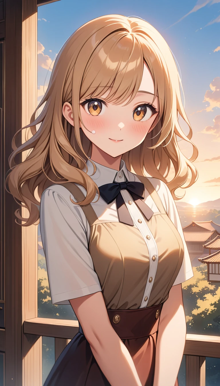 Shy anime girl at dawn with warm golden sunlight