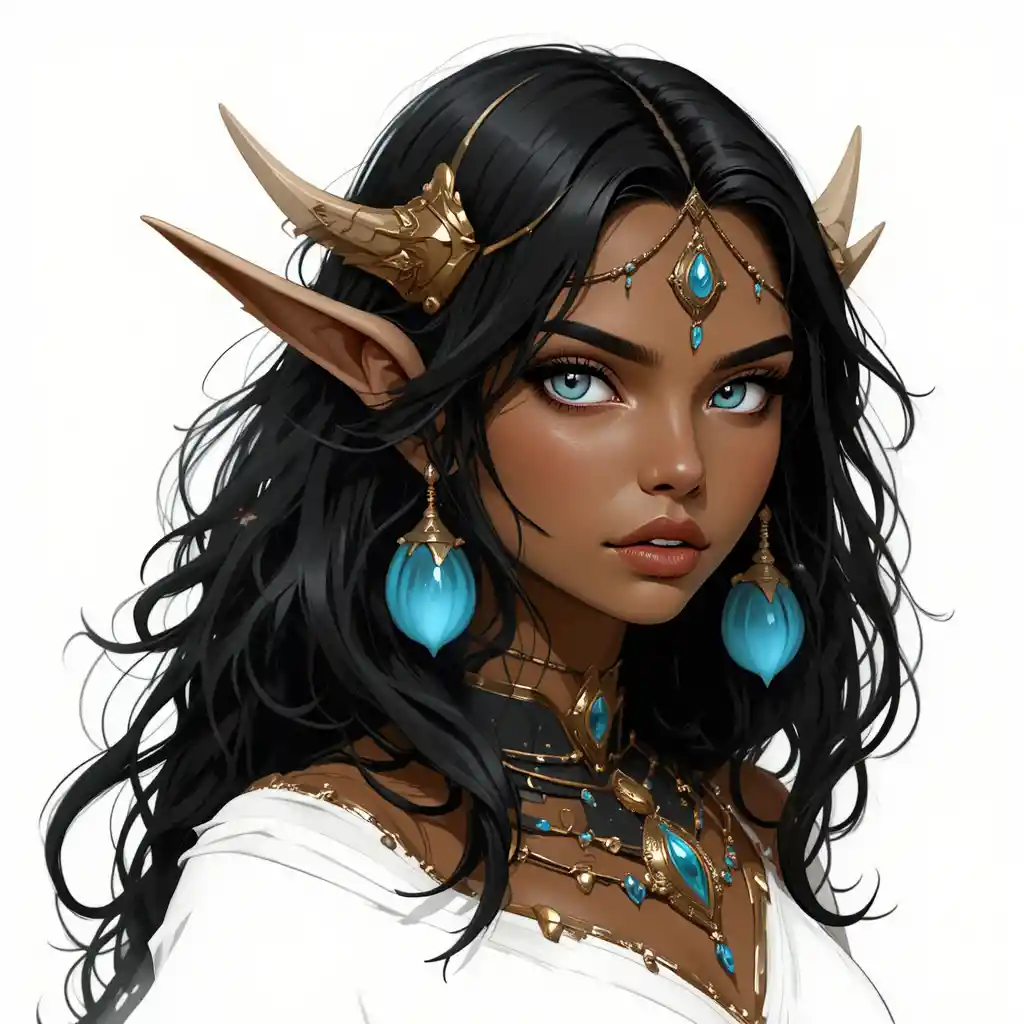 Brown skinned fantasy goddess with white eyes and dark hair