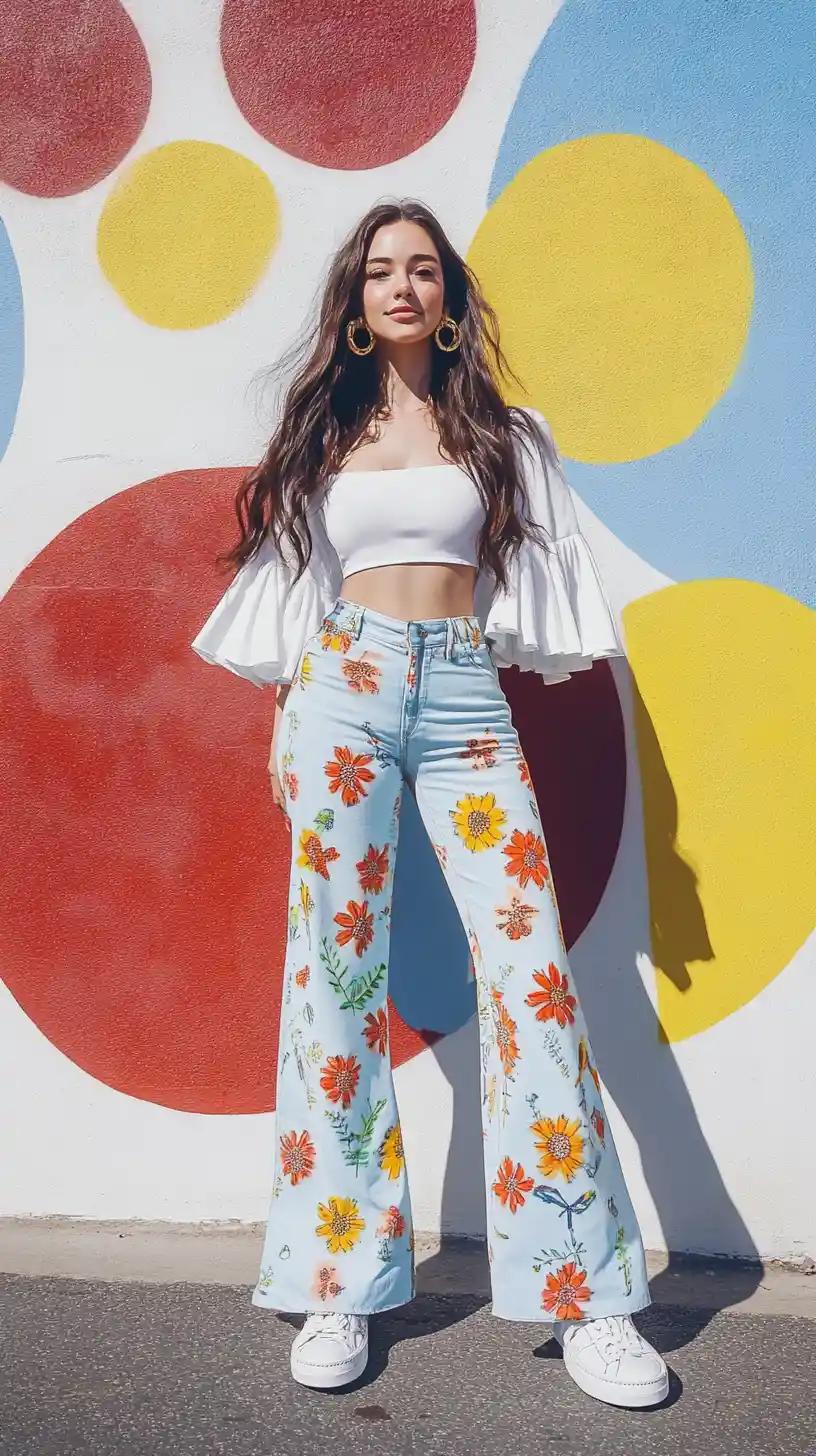 Anime woman walking by a colorful psychedelic mural