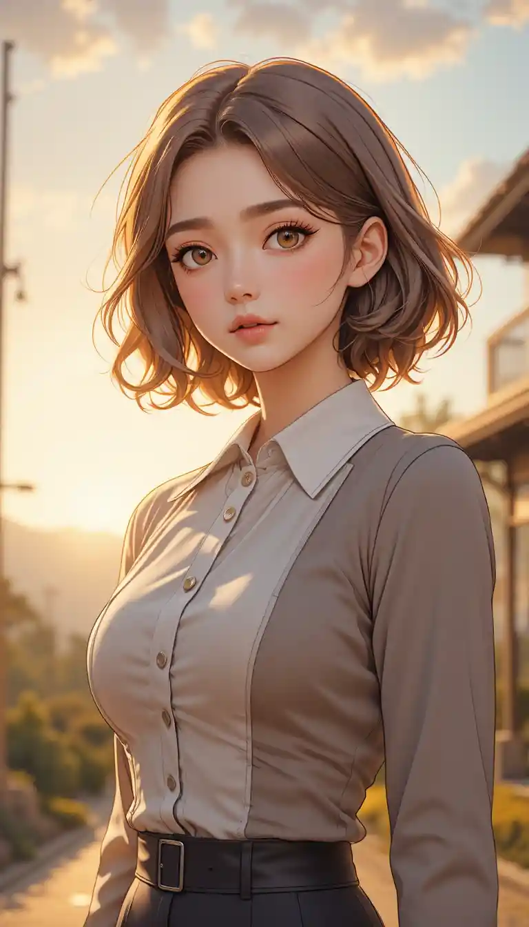 Shy anime girl at dawn with warm hazel eyes