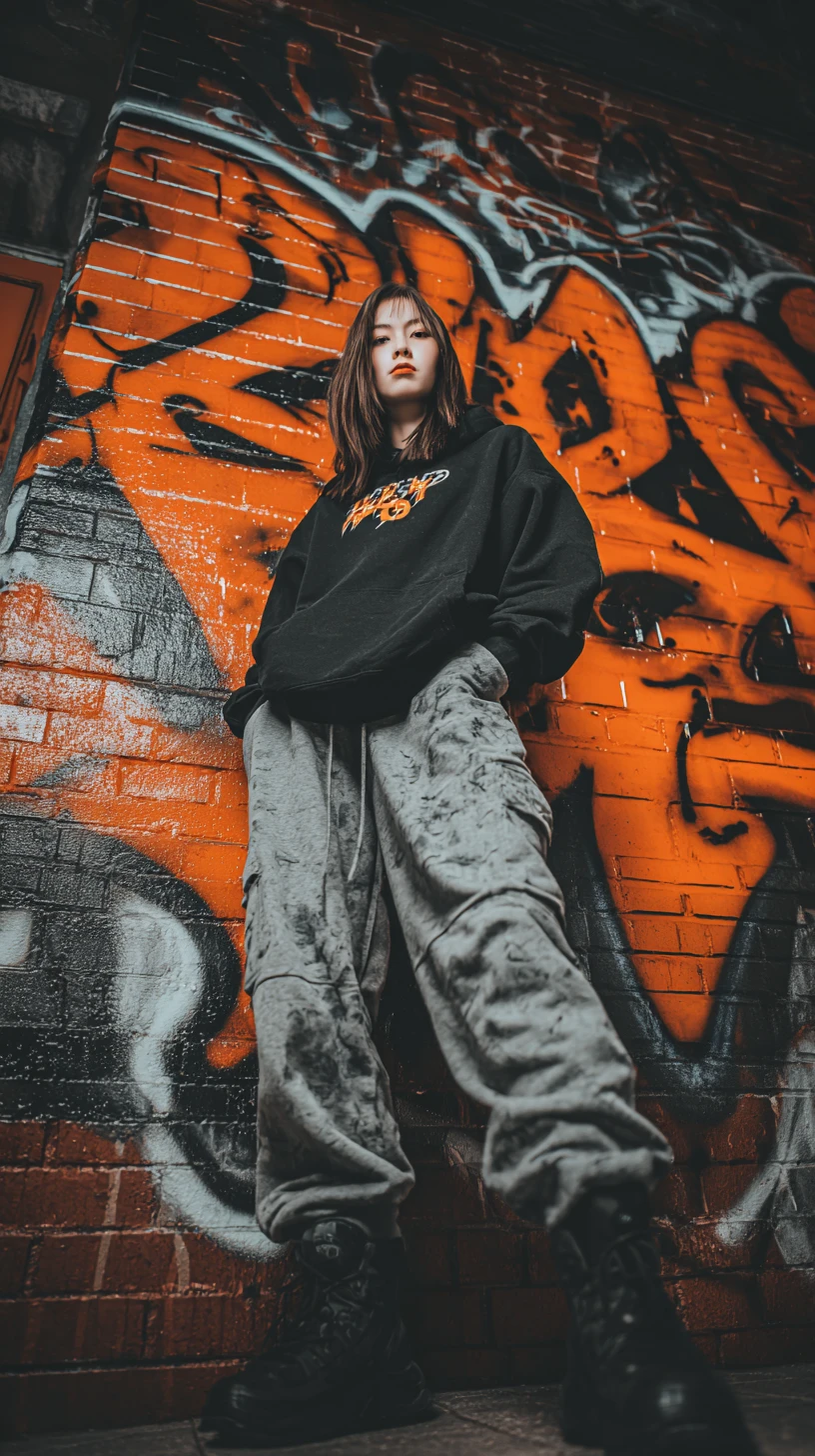 Young woman in hoodie against bold graffiti brick wall